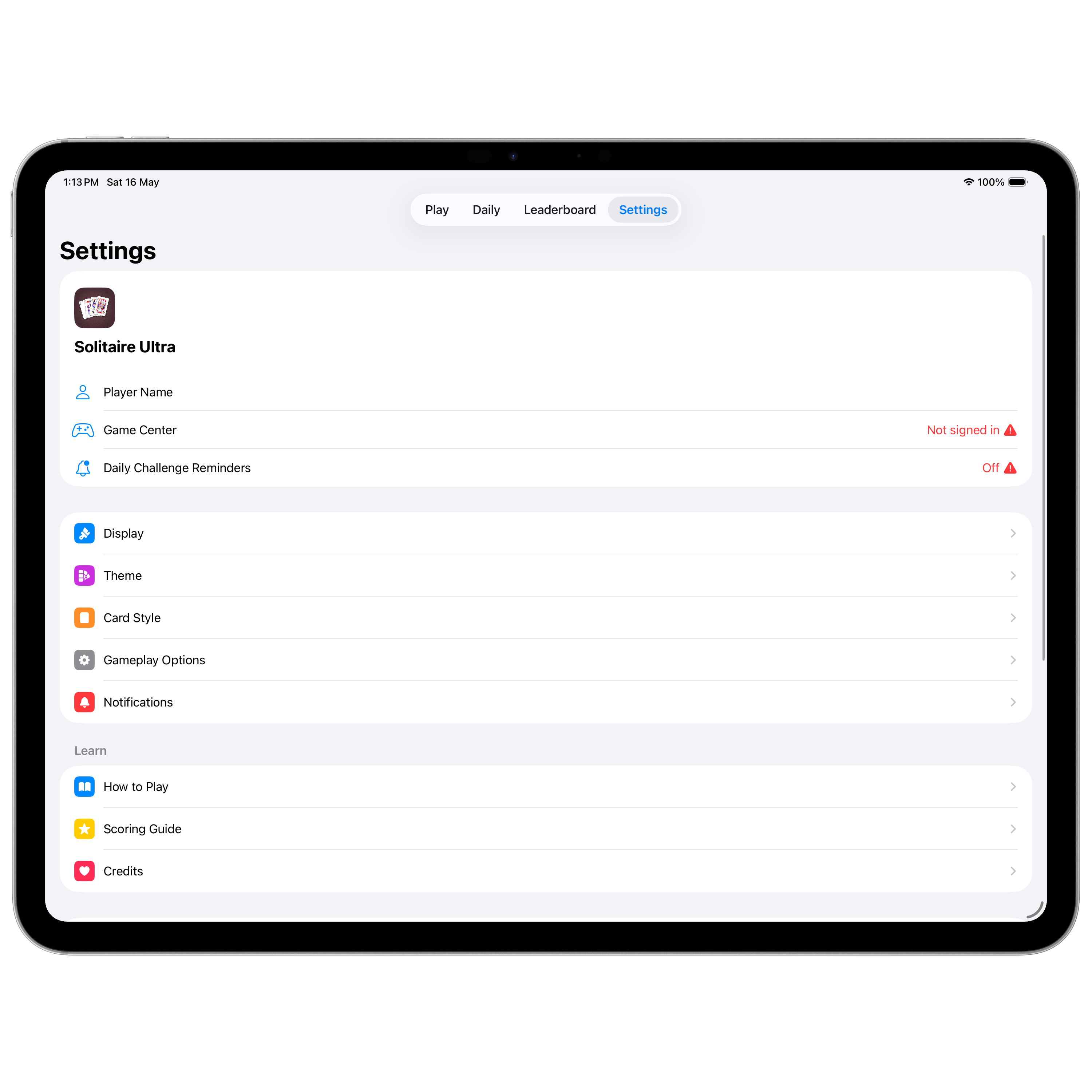 Solitaire Ultra iPad settings