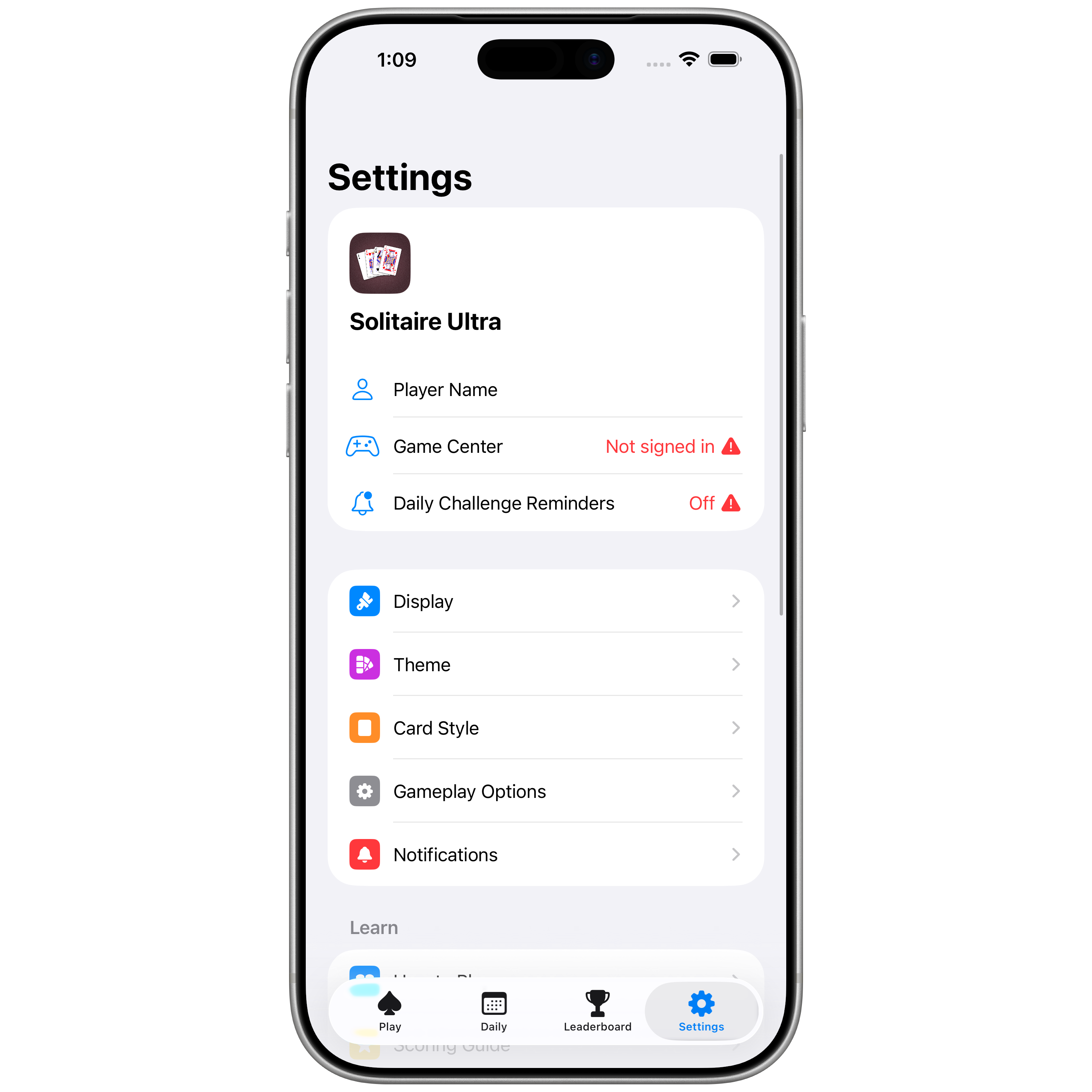 Solitaire Ultra iPhone settings