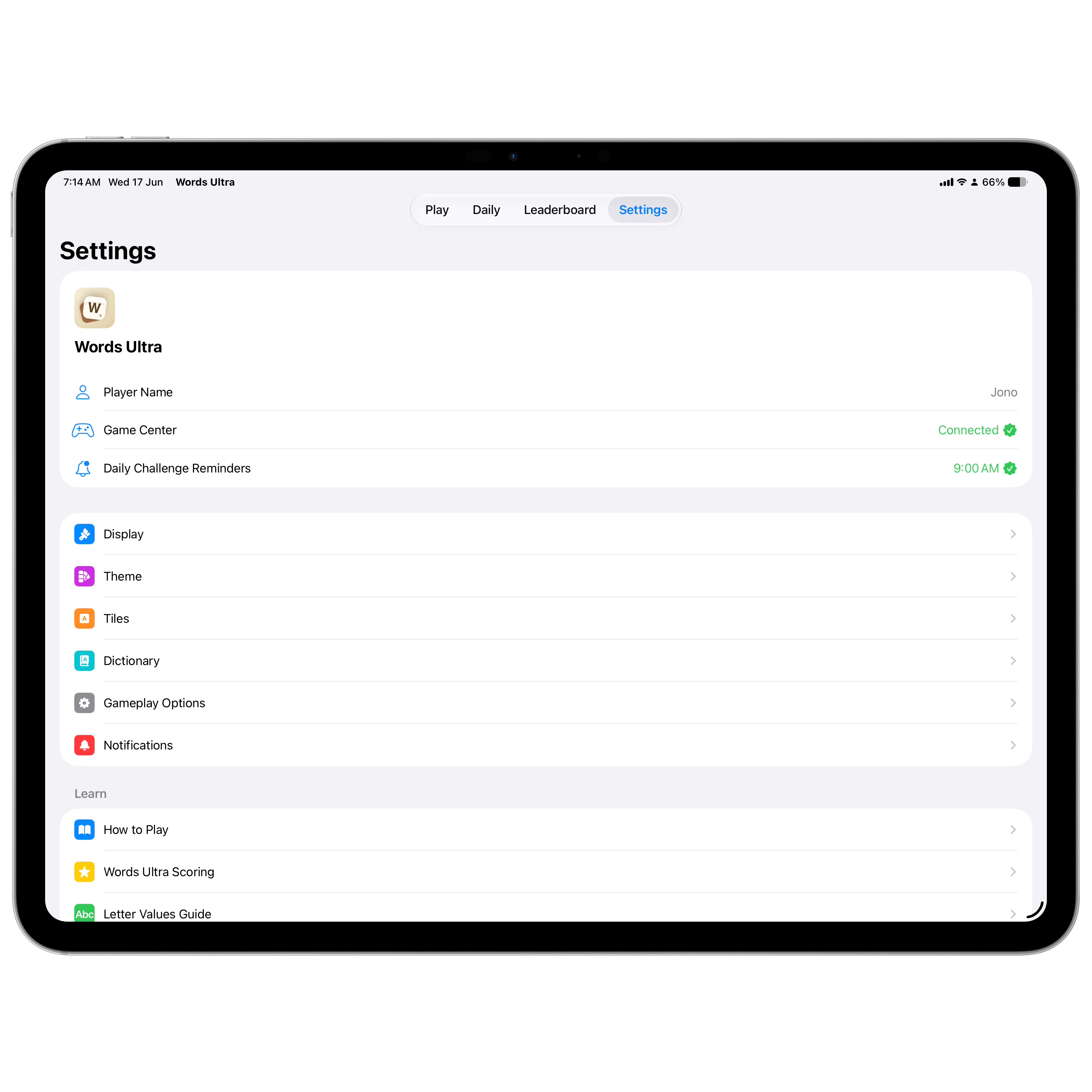 Words Ultra iPad settings