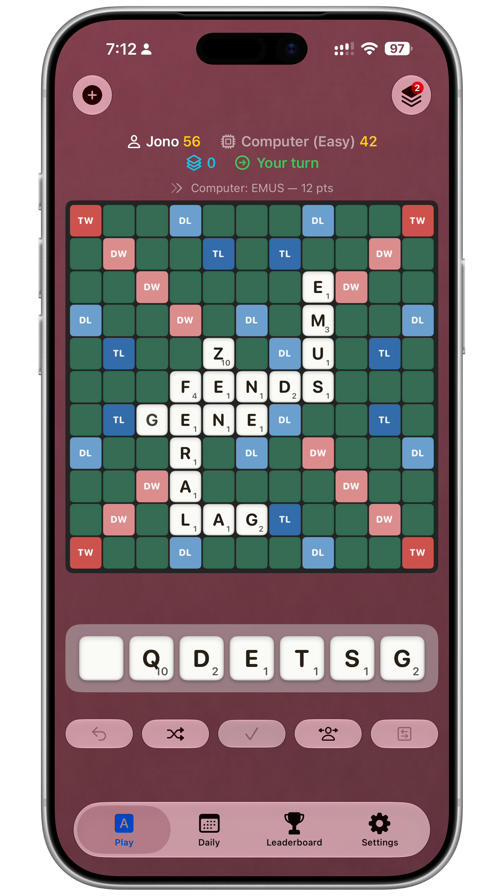 Words Ultra iPhone board, dark theme