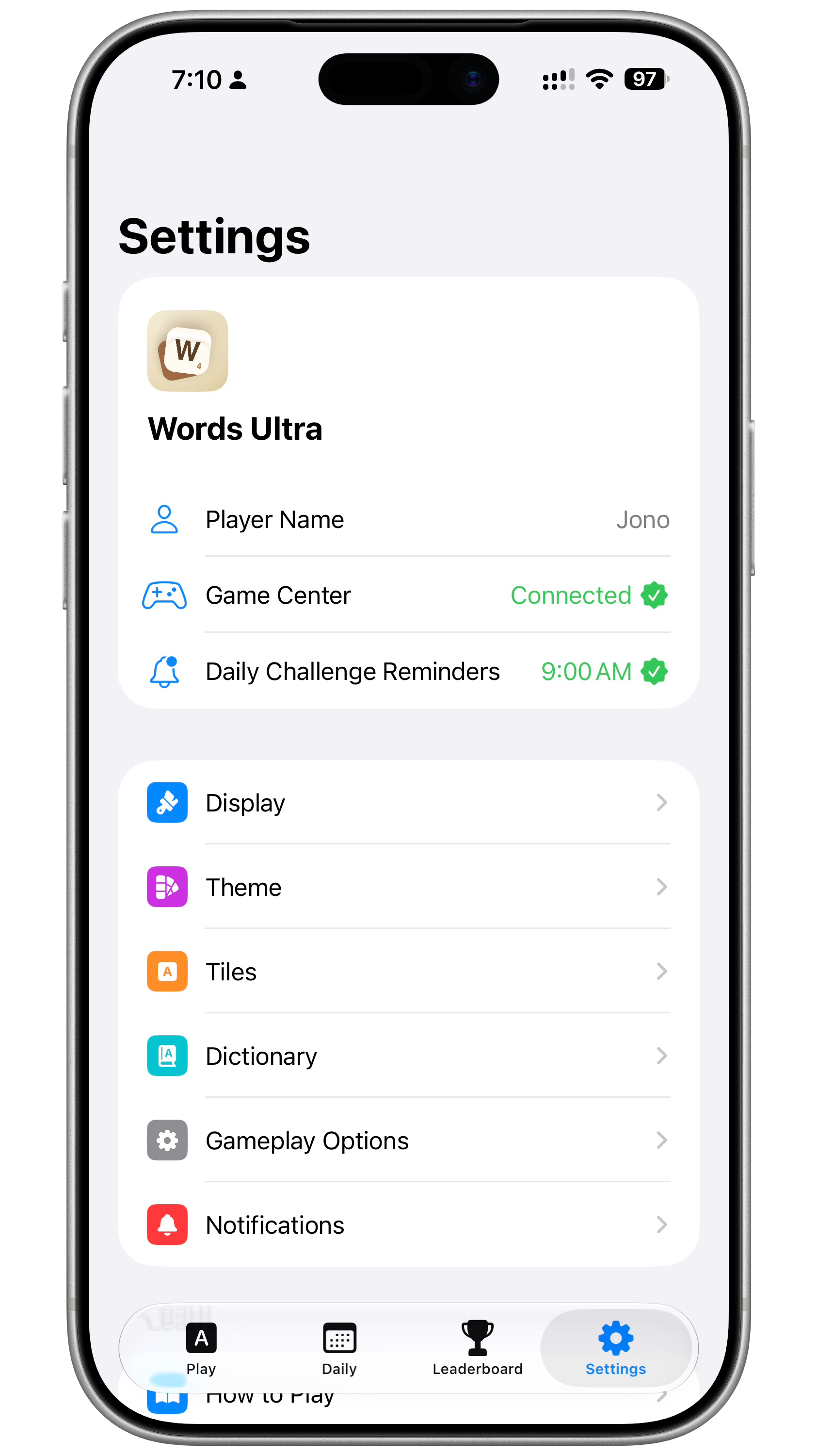 Words Ultra iPhone settings
