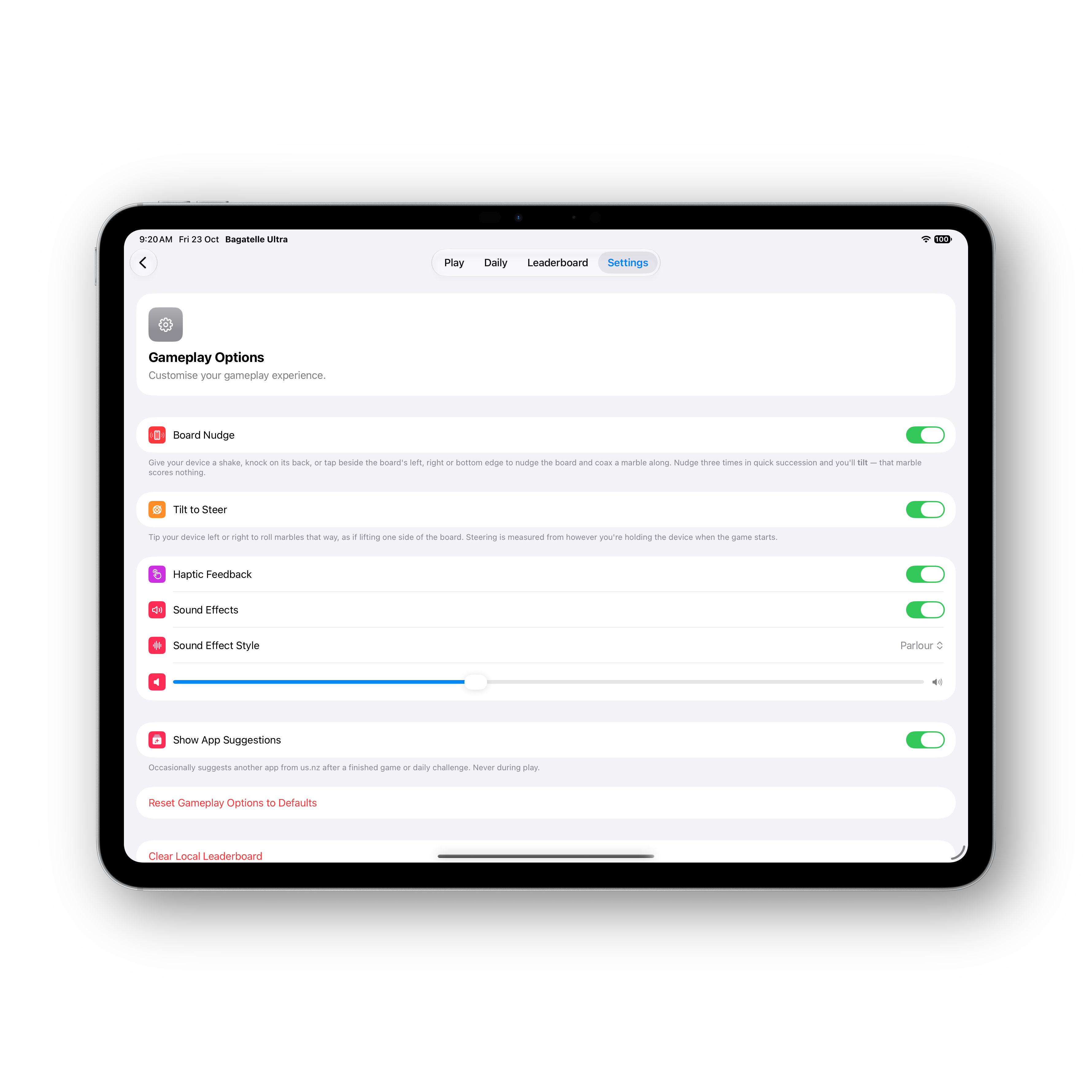 Bagatelle Ultra iPad settings
