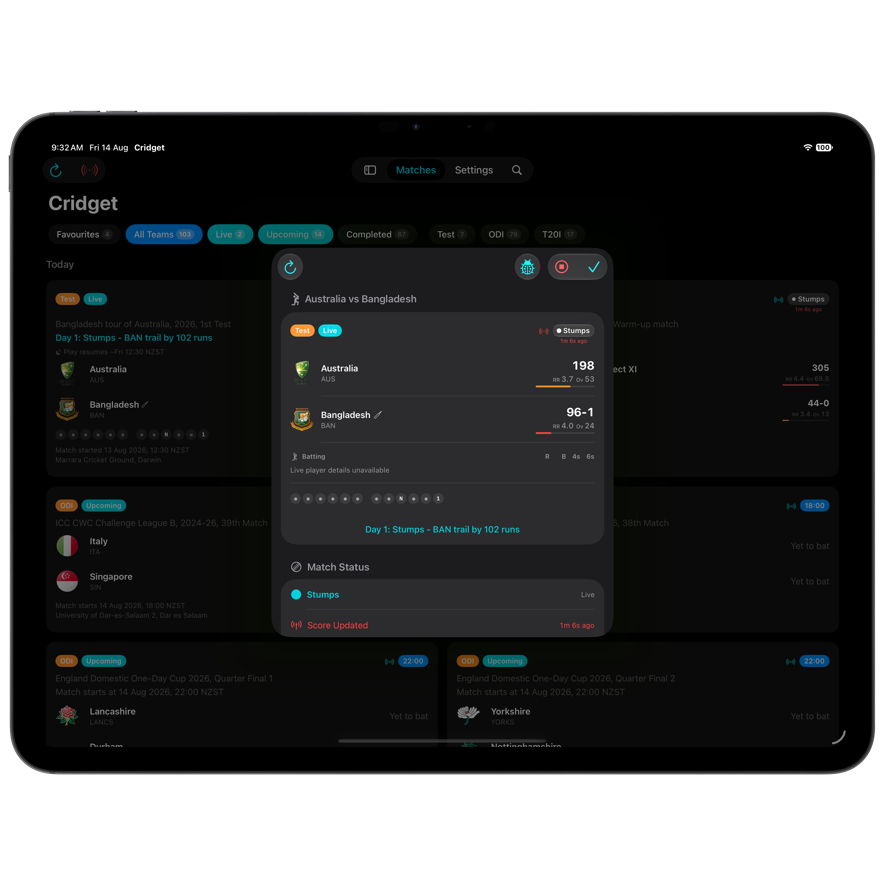 Cridget match detail on iPad