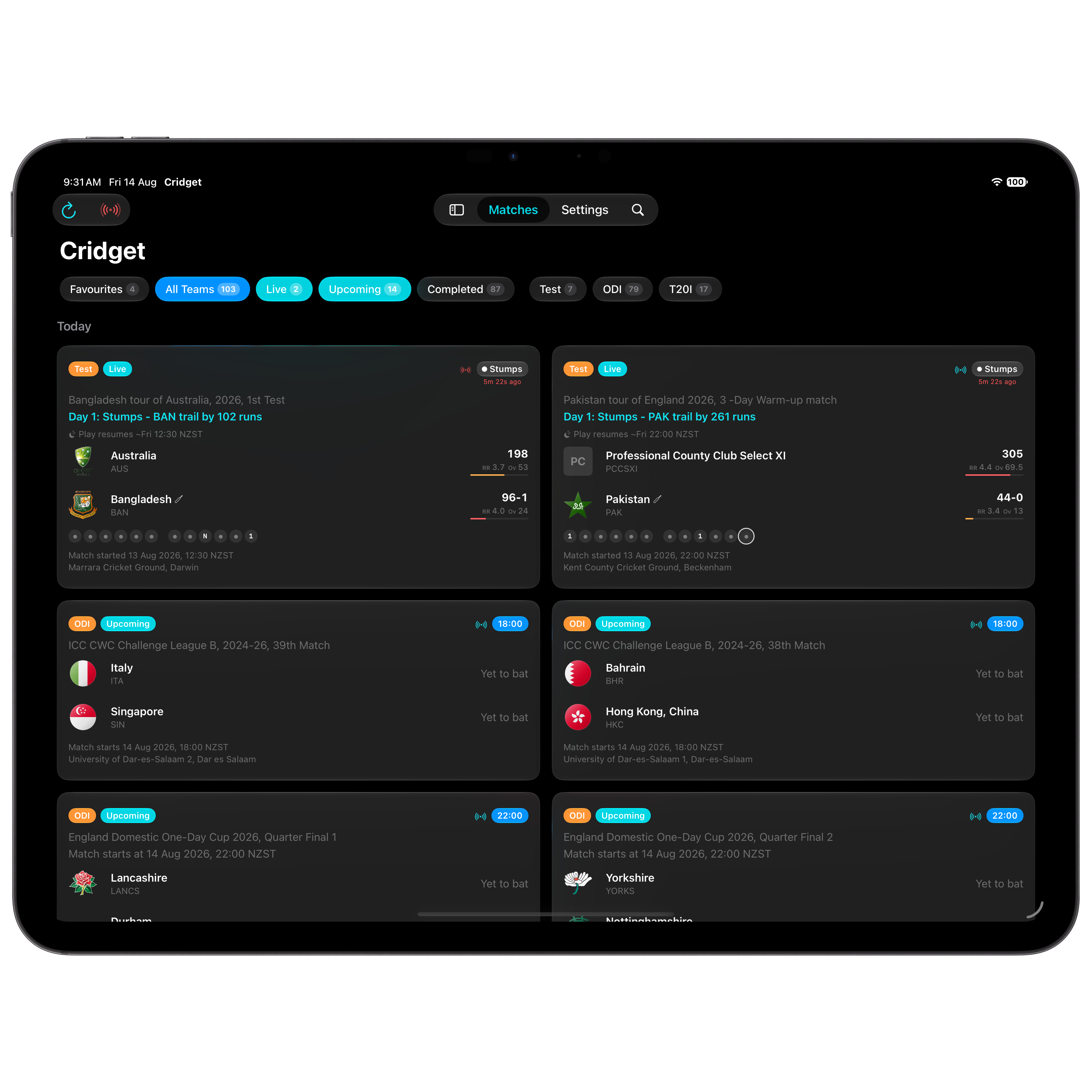 Cridget match list on iPad