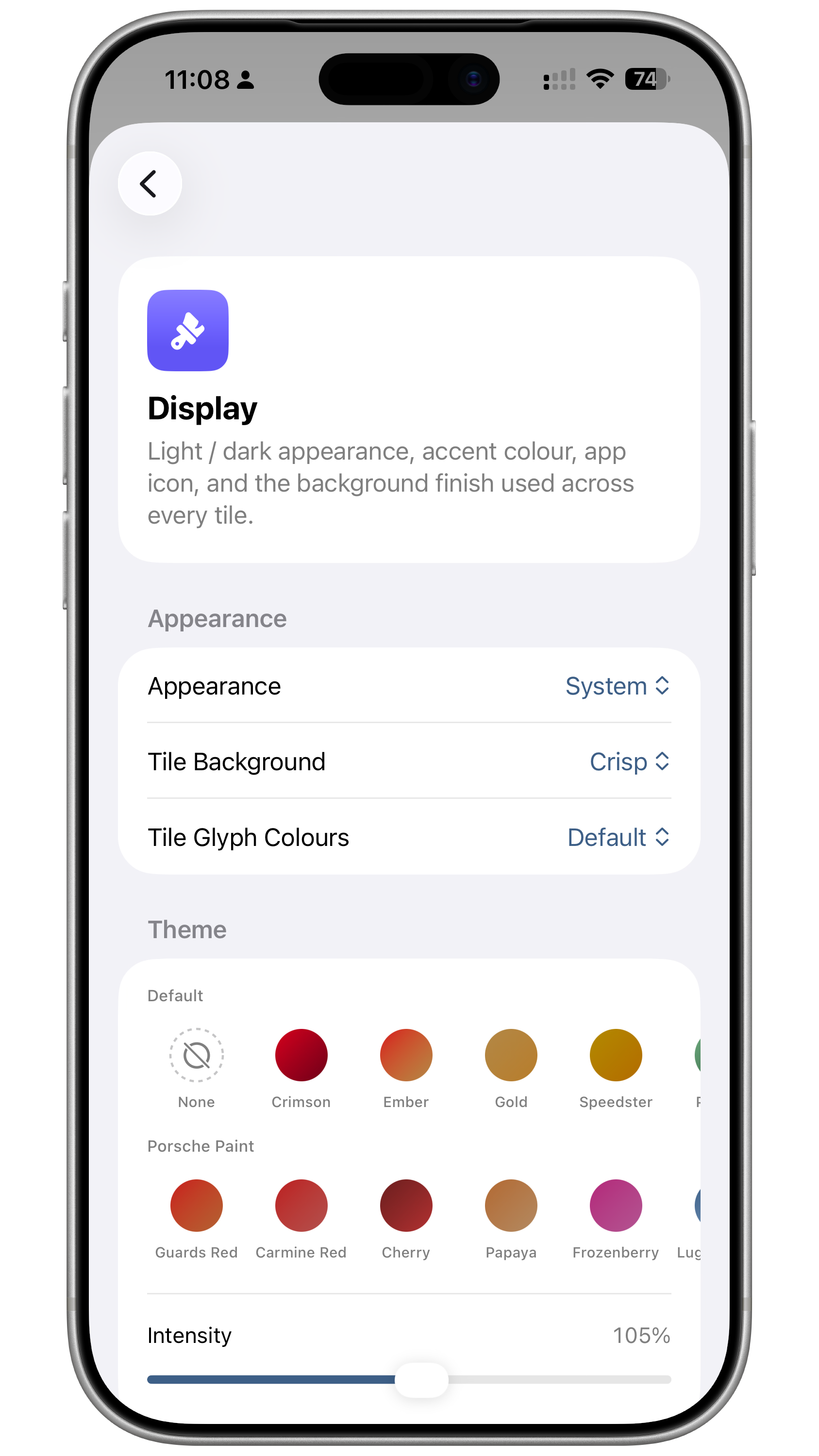 Porsche Ultra settings — display and theme