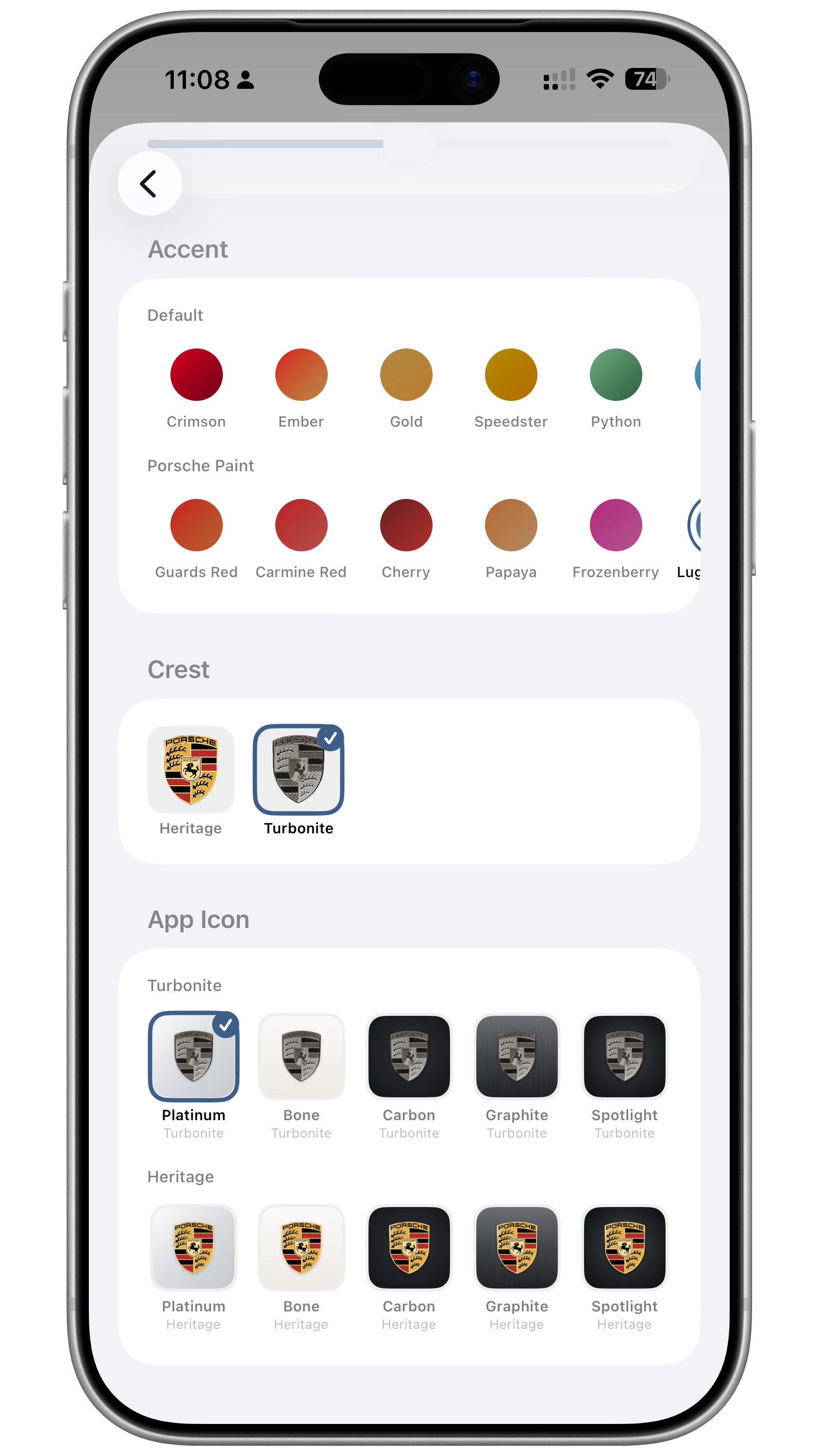 Porsche Ultra personalisation — accent colours, crest and app icons