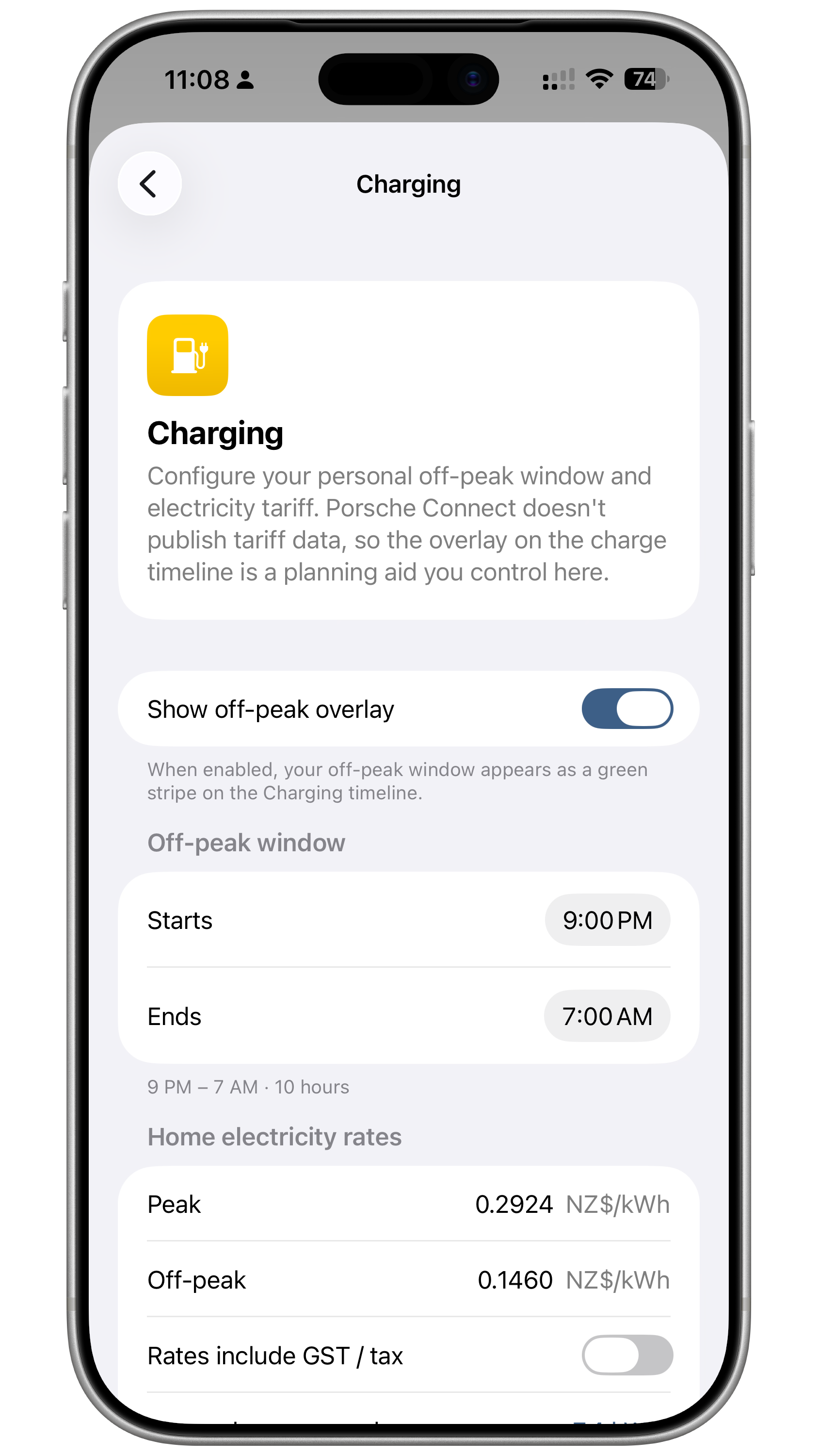 Porsche Ultra settings — charging