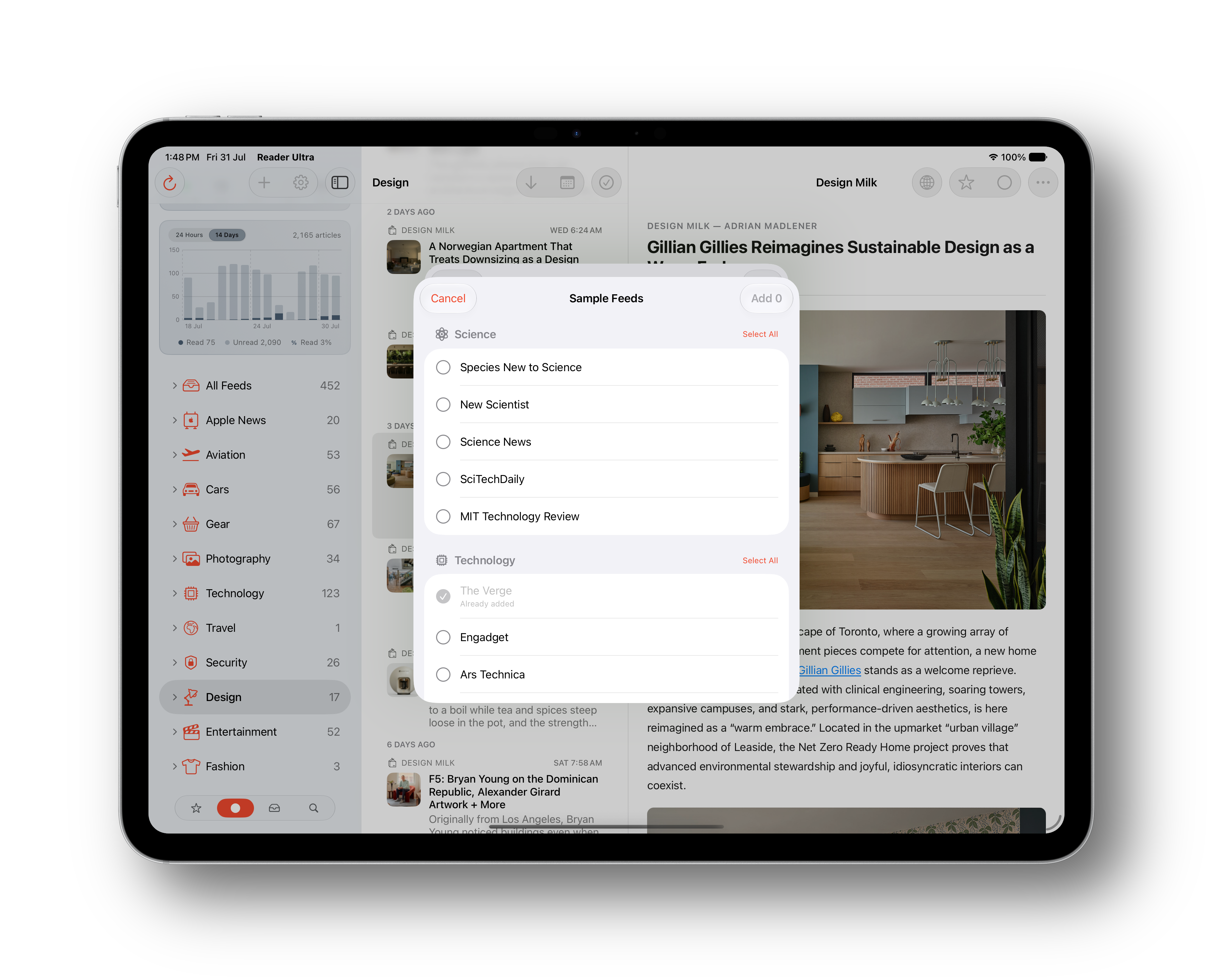 Reader Ultra iPad browsing feeds