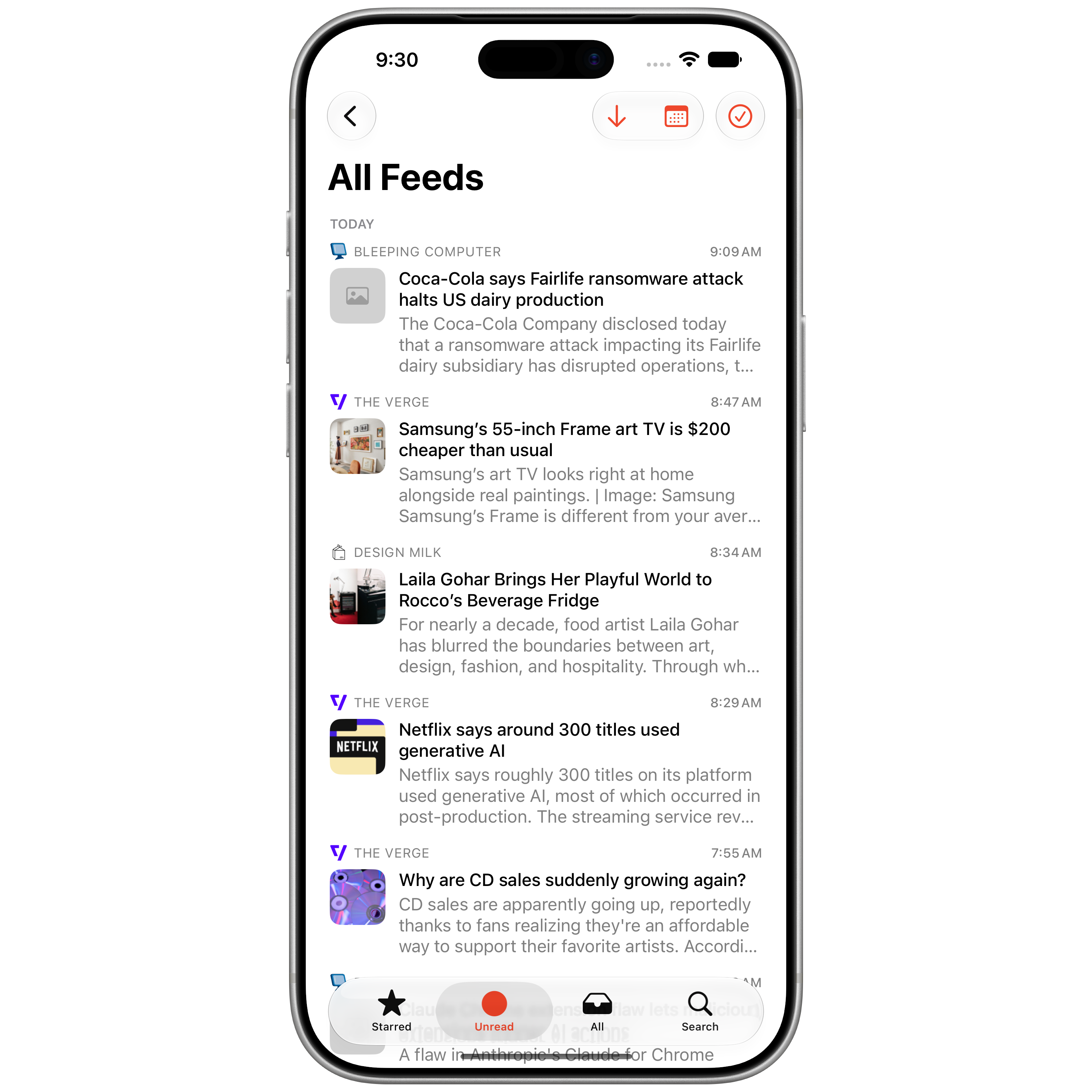 Reader Ultra feed list on iPhone