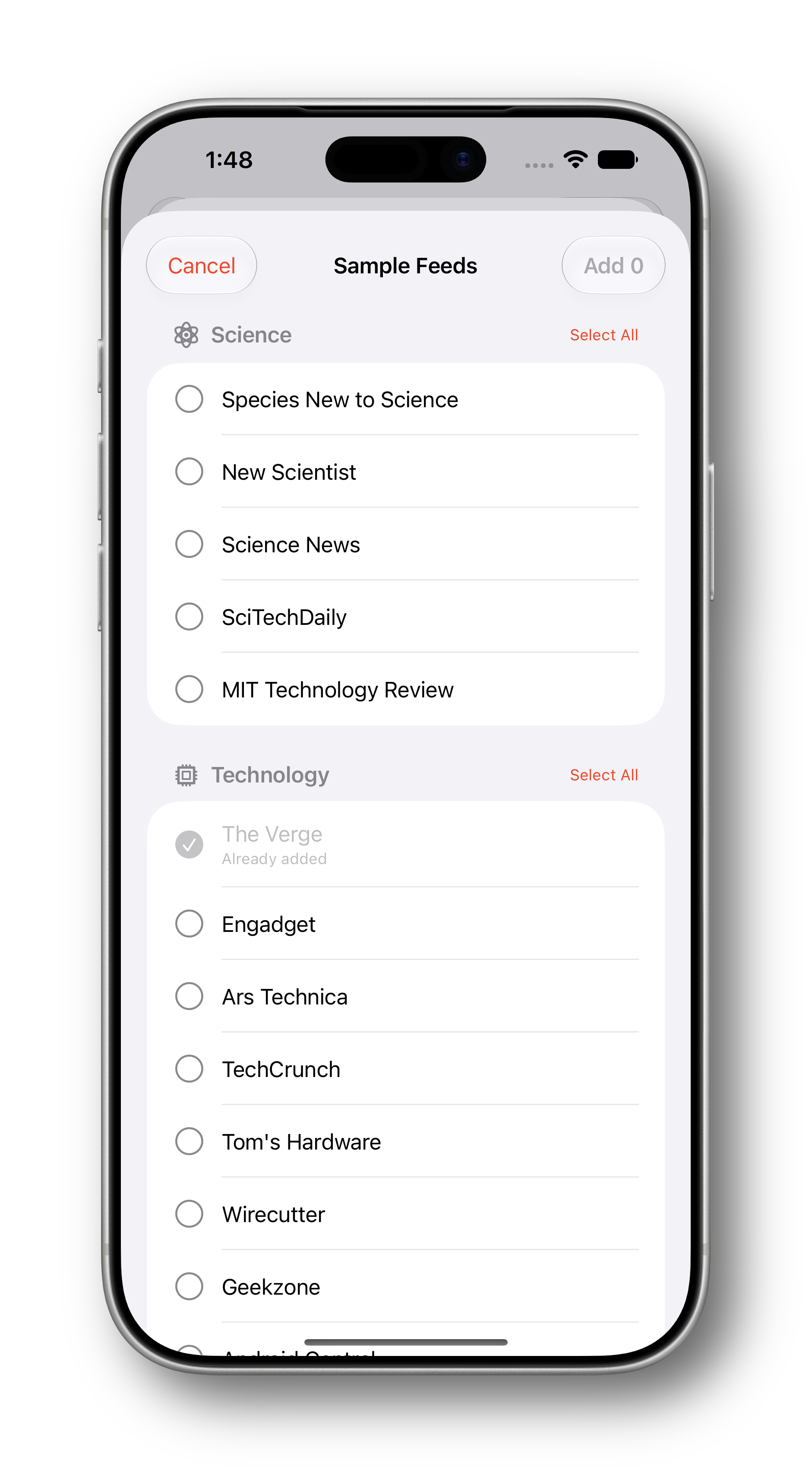 Reader Ultra iPhone browsing feeds