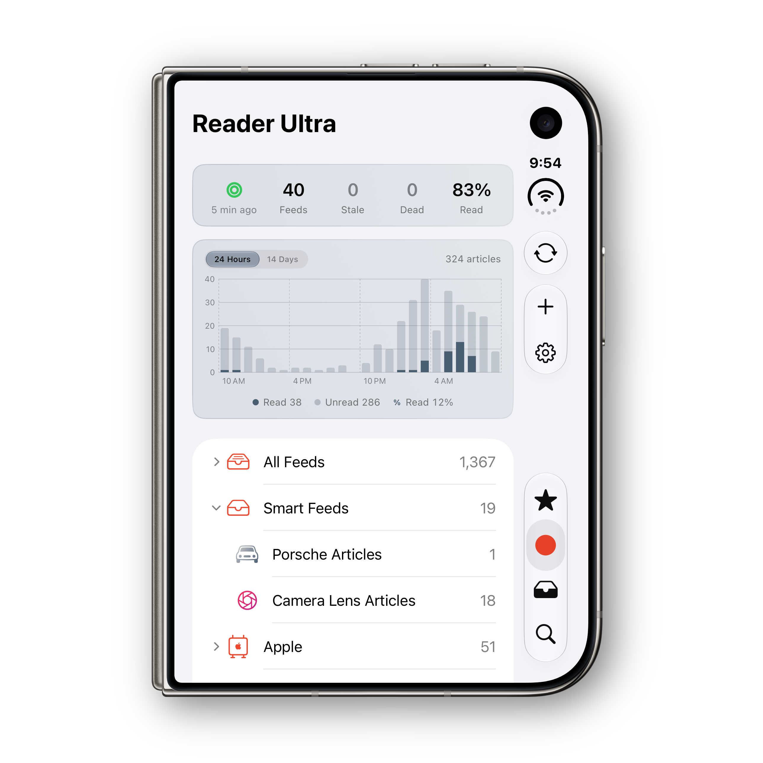 Reader Ultra iPhone Duo folded feed list