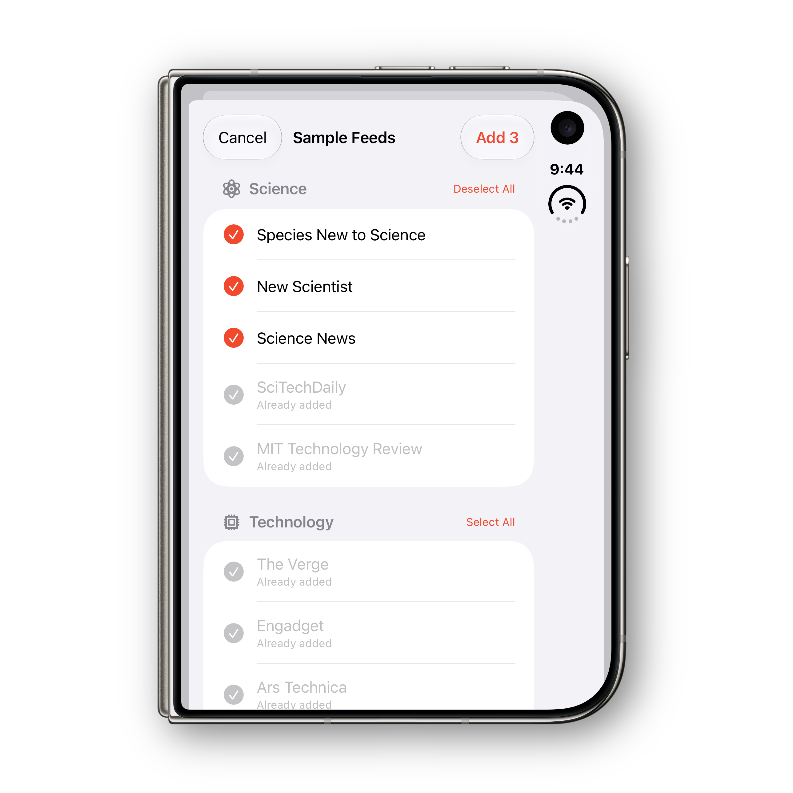 Reader Ultra iPhone Duo folded browsing feeds