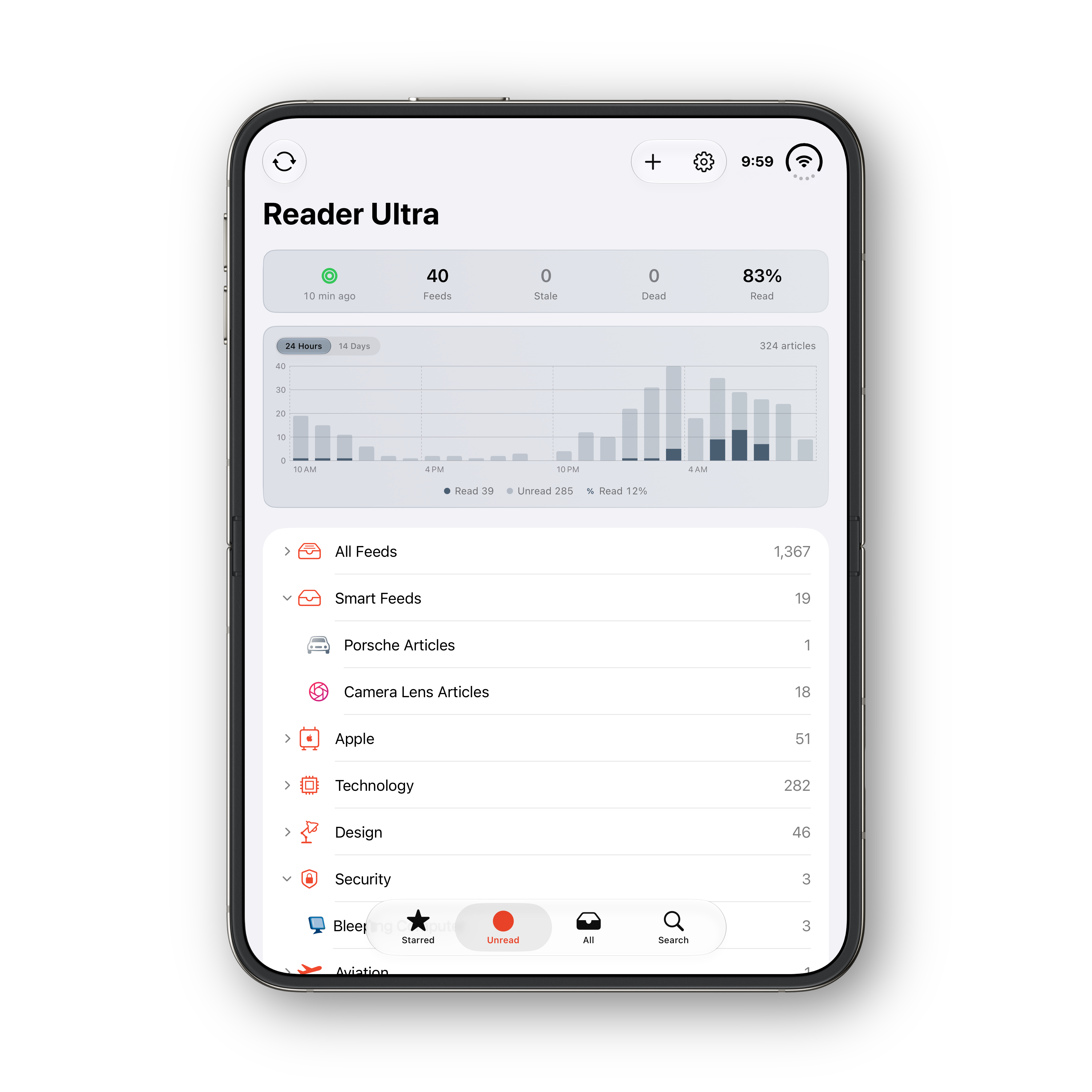 Reader Ultra iPhone Duo portrait feed list