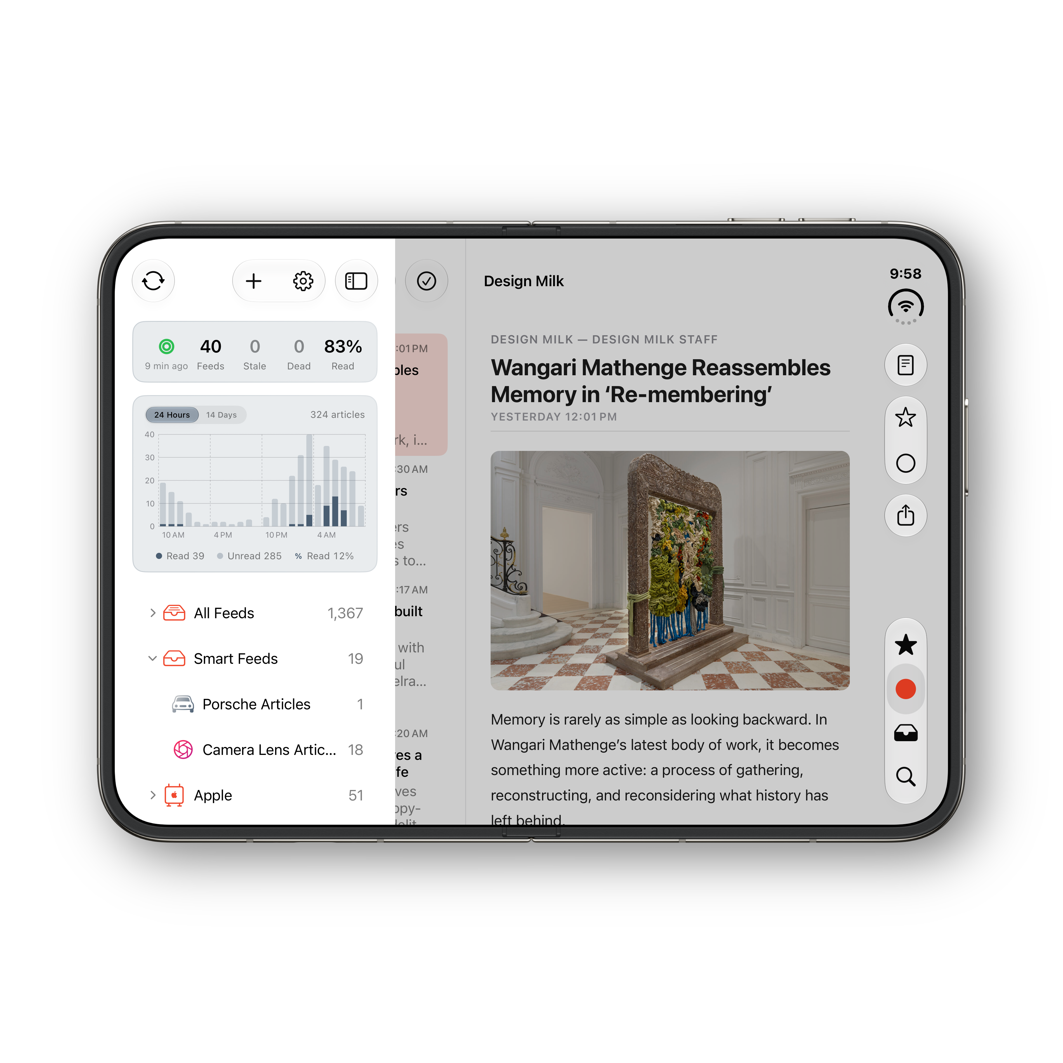 Reader Ultra iPhone Duo unfolded feed list
