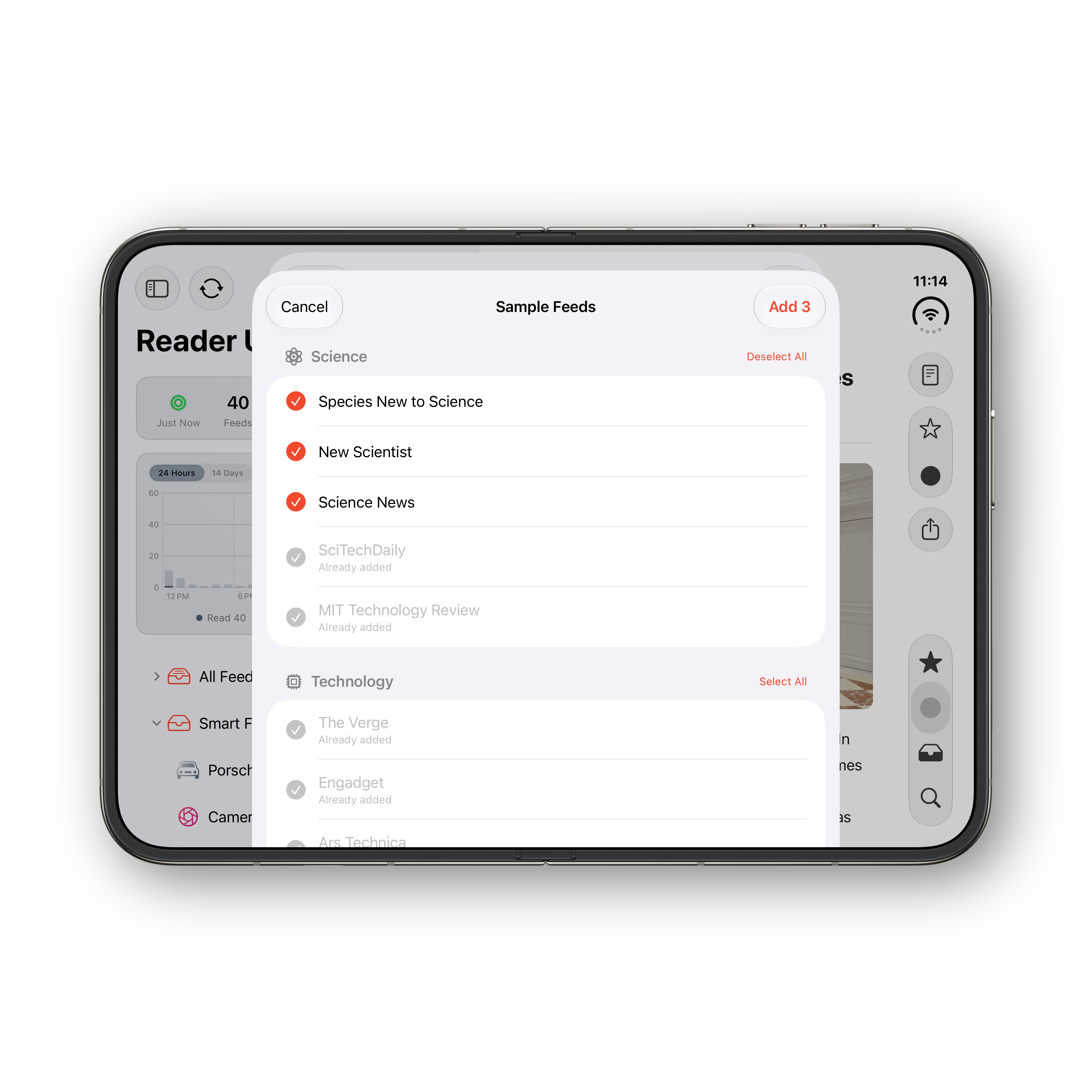 Reader Ultra iPhone Duo unfolded browsing feeds