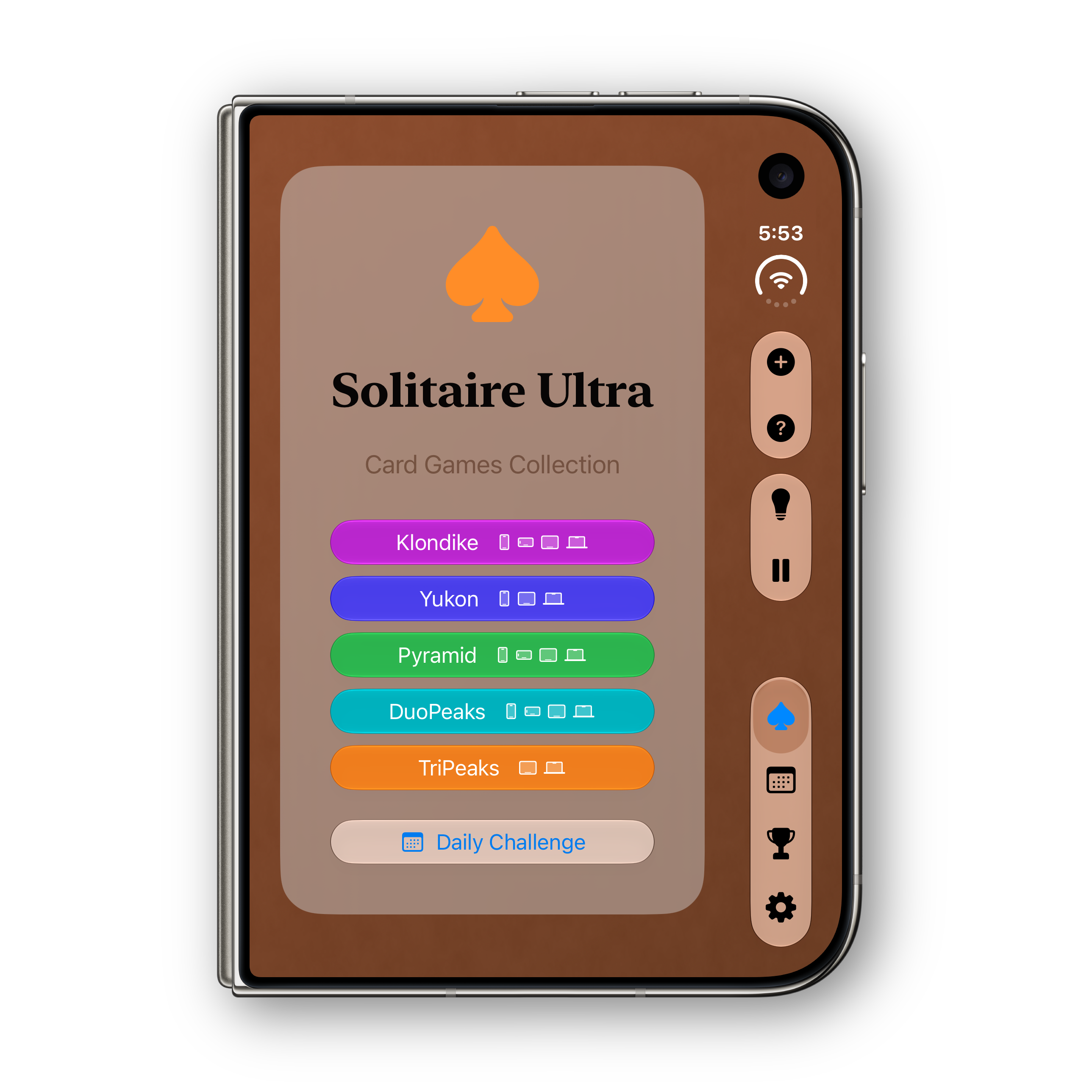 Solitaire Ultra home screen on iPhone Duo, folded