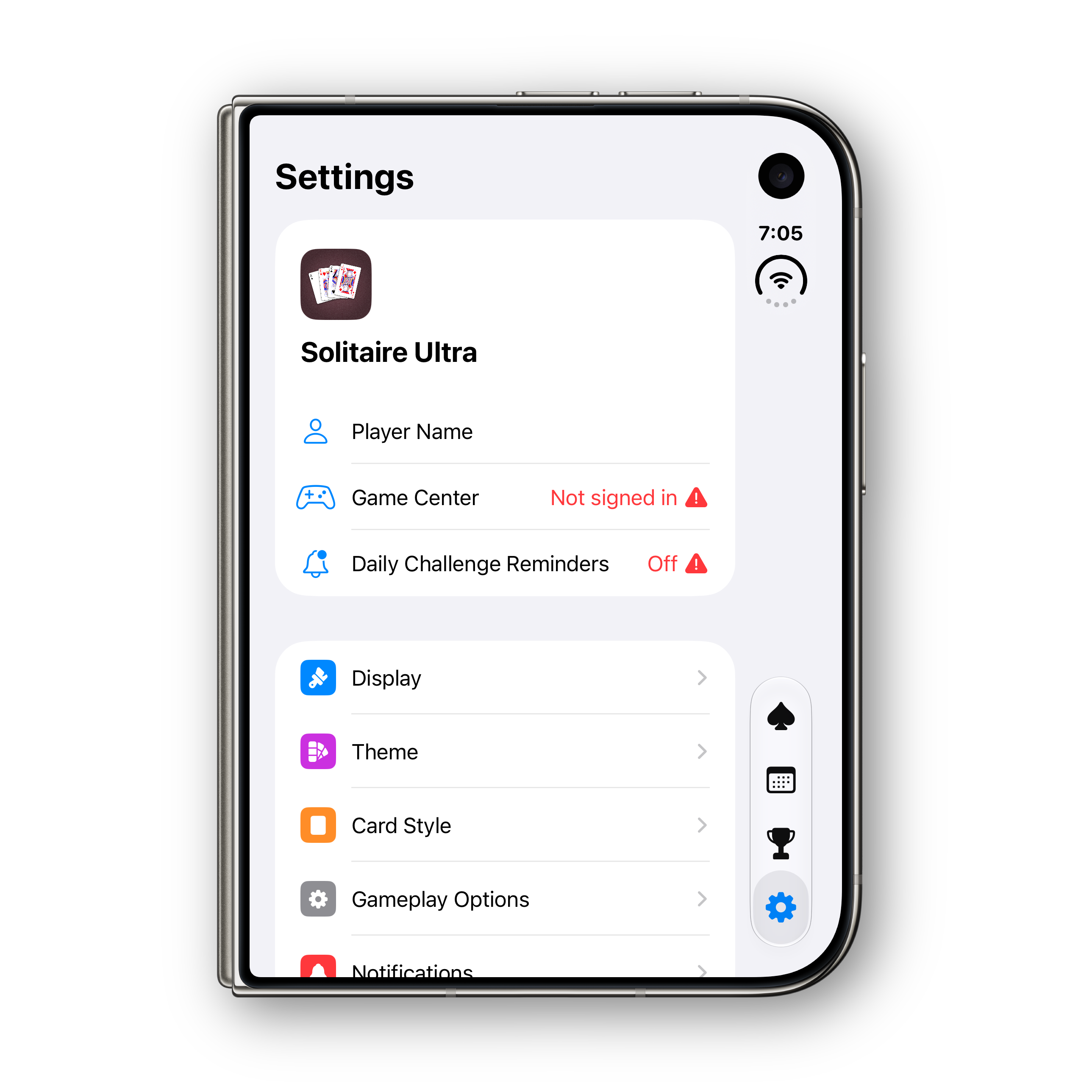 Solitaire Ultra iPhone Duo folded settings