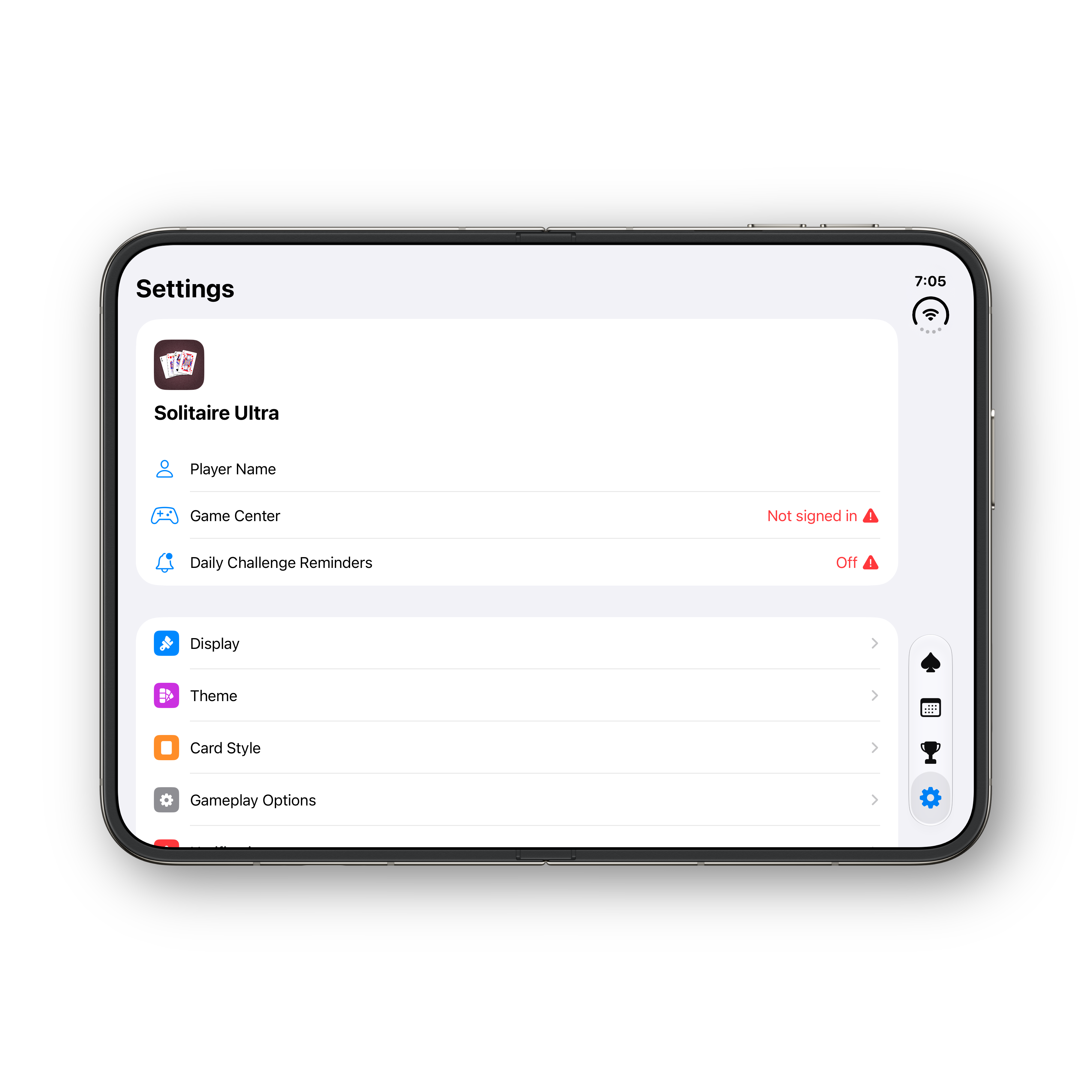 Solitaire Ultra iPhone Duo unfolded settings